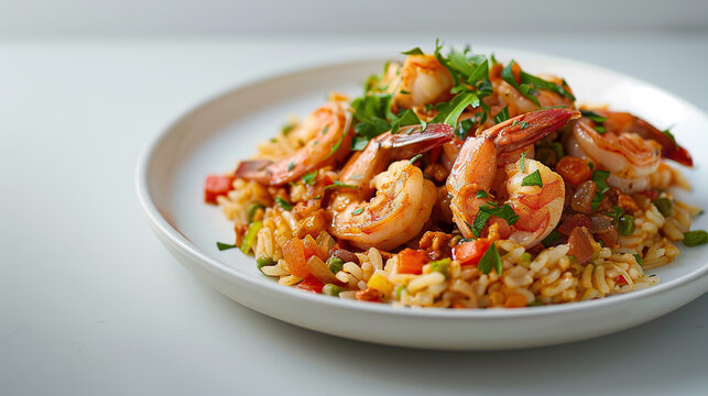Seafood Tom Yum Fried Rice,Stir fried rice with shrimp and squid with chilli sauce on white plate. Image for cafe menu, Banner