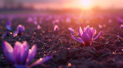 saffron flower in the soil - obrazy, fototapety, plakaty