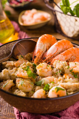 Traditional Portuguese bread soup with shrimp.. AÇORDA ALENTEJANA.