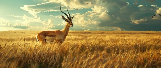 A deer stands alert in a natural park, surrounded by grass, showcasing its majestic antlers amidst the wild - Powered by Adobe