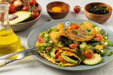 Pancakes with seaweed. Served on a plate with avocado and tomatoes.