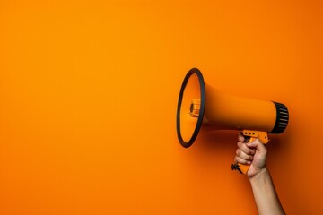 Hand holding a megaphone against an orange background