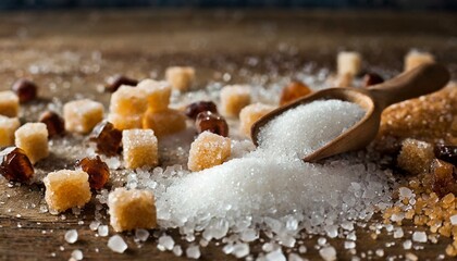 Sugar grains spilled on the table, sweet flavor, carbohydrates, saccharides 