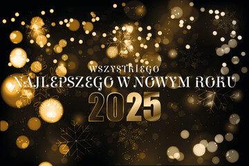 karta lub baner z życzeniami szczęśliwego nowego roku 2025 w białym i czarnym złocie na czarnym tle ze złotymi kółkami i płatkami śniegu w efekcie bokeh