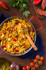 Traditional Spanish Paella with chicken.