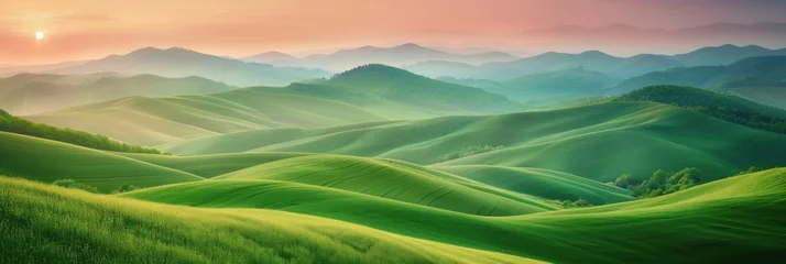 Papier Peint photo Vert A serene summer meadow under a blue sky, with lush green grass, rolling hills, and majestic mountains crowned with fluffy clouds