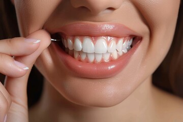 The action of using dental floss, emphasizing the importance of oral hygiene and dental care
