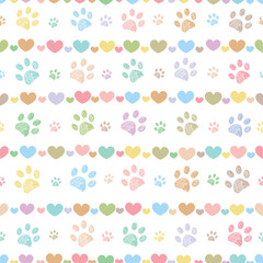 Colorful paw prints with cute hearts. Seamless fabric design pattern - 752958952