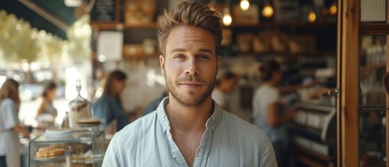 Fototapeta premium Proud coffee shop owner standing in his cozy cafe, confident entrepreneur, small business owner.