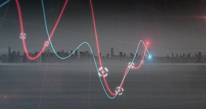 Animation of pink and red graph processing data over cloudy grey cityscape