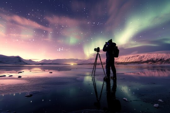Photographer capturing the sunset with a camera on a tripod, silhouetted against a vibrant sky by the sea and mountains