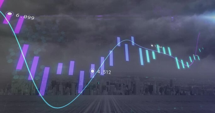 Animation of purple and blue graph processing data over cloudy grey cityscape
