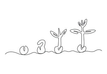 Single continuous line drawing of plant growth processing from seed vector illustration. Pro vector