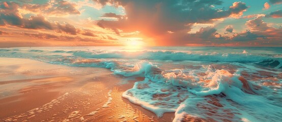 Sunset over the sea with a river view, desert landscape, featuring a beach, ocean waves, and a...