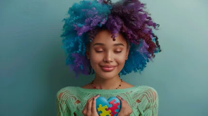 Fotobehang A girl with blue-purple Afro pigtails in a light green top holds a heart with puzzle pieces in her hands as a sign of solidarity.  generative ai © Malaika