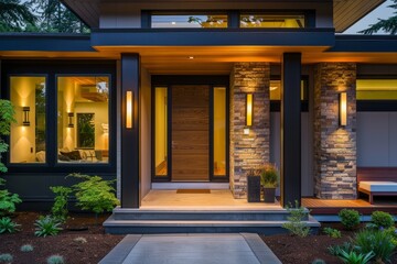 Front porch of a modern house with decorative lighting