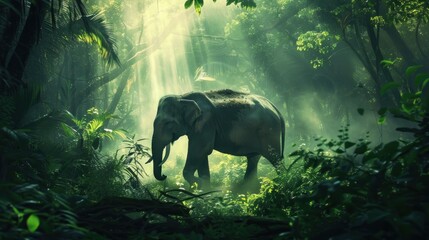 Large wild elephant family, possibly Asian with trunks, roams the lush green forest in Thailand - obrazy, fototapety, plakaty