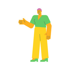 Young woman points hand and smiling