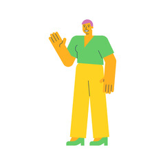 Young woman waves hand and smiling