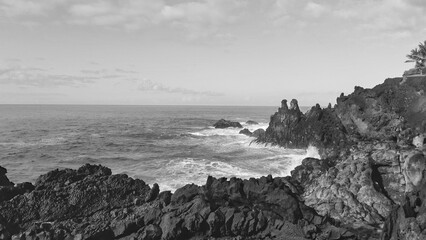 black and white photo of the sea coast - obrazy, fototapety, plakaty