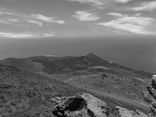 black and white picture of mountain landscape with volcano on la palma island