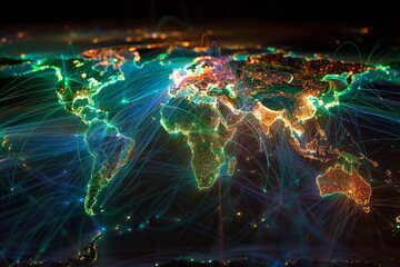 Obraz premium The interconnectedness of the world through the internet, with colorful lines and dots.