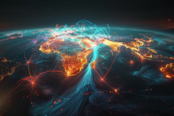 The interconnectedness of the world through the internet, with colorful lines and dots. - obrazy, fototapety, plakaty