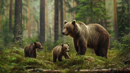 Obraz premium A mother bear and her cubs exploring a mossy glade in a dense coniferous forest, the air filled with the scent of pine.