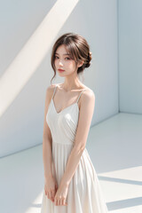 Gorgeous Young Female Model - Fashion or Cosmetics Model - Beauty with Perfect Fine Features - Beautiful Smooth Hair - White Dress