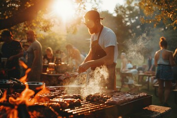 Grilling shish kebab and meat over a hot barbecue fire outdoors in summer - obrazy, fototapety, plakaty