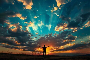 Silhouette of a person with outstretched arms against a dramatic sky - obrazy, fototapety, plakaty