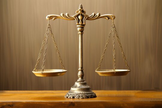 Antique brass scales of justice on a wooden table with a vintage look.
