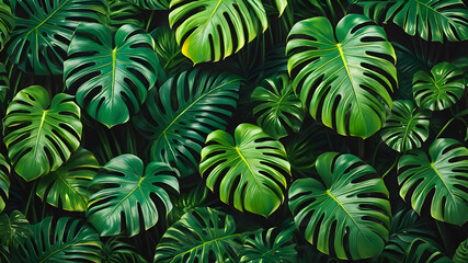 Nature's Tropical Cascade: A lush jungle waterfall surrounded by vibrant foliage and towering trees, under the bright sun of a summer day