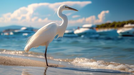 Majestic white heron standing on a beach with boats in the background.