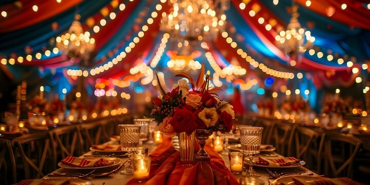 Celebration with vibrant circus theme setting perfect for festive events. Concept Circus Theme, Event Decoration, Festive Celebration, Vibrant Atmosphere, Fun and Entertaining