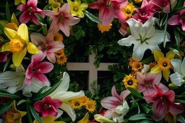 Lush flowerbed with a variety of vibrant blooms, centered around a peaceful cross.