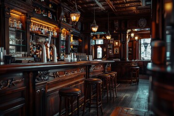 Classic bar interior with dark wood and ambient lighting - obrazy, fototapety, plakaty