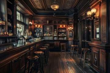 Fotobehang Classic bar interior with dark wood and ambient lighting © ParinApril