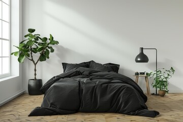 Modern minimalist bedroom with a sleek black bed and lush houseplants, exuding tranquility.
