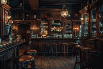 Classic bar interior with dark wood and ambient lighting - obrazy, fototapety, plakaty
