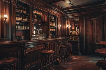 Fotobehang Classic bar interior with dark wood and ambient lighting © ParinApril