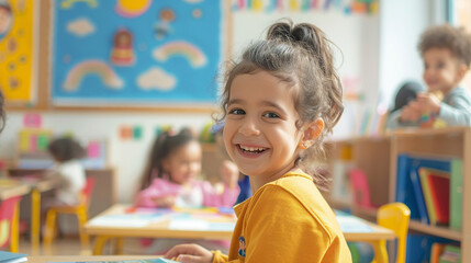 Smiling child enjoying class in a colorful kindergarten room