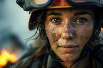 Close-up of a brave female firefighter with a determined expression