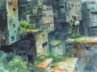 Imaginative painting of a robot in a dystopian cityscape, invoking a sense of exploration.