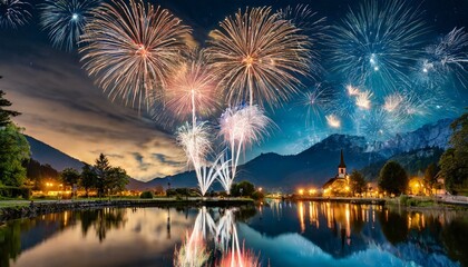 Heavenly Illumination: Heart-Shaped Fireworks Reflecting Over a Lake at Night"