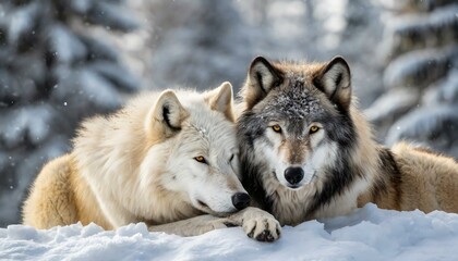 Obraz premium Harmony in Contrast: Black and White Wolves Embracing in Snowy Serenity