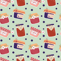 funny vector seamless pattern of cute jars with jam