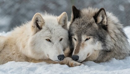 Obraz premium Harmony in Contrast: Black and White Wolves Embracing in Snowy Serenity