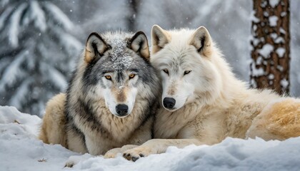 Obraz premium Harmony in Contrast: Black and White Wolves Embracing in Snowy Serenity