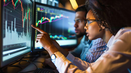 Two diverse crypto traders brokers stock exchange market investors discussing trading charts research reports growth using pc computer looking at screen analyzing invest strategy, financial risks.
